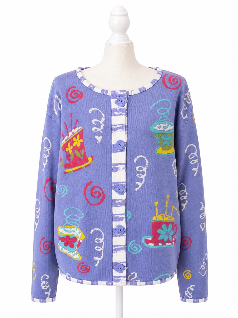 Y2K Novelty Coffee Cup Cardigan Sweater Artsy Cottagecore Button Front Medium